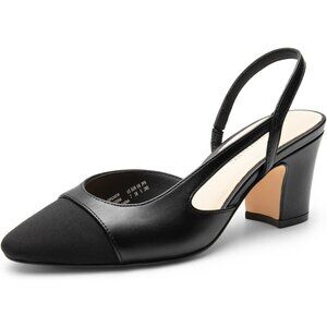 🆕Women Black Faux Leather Closed Round Toe Low Chunky Heel Slingback Pumps Shoe